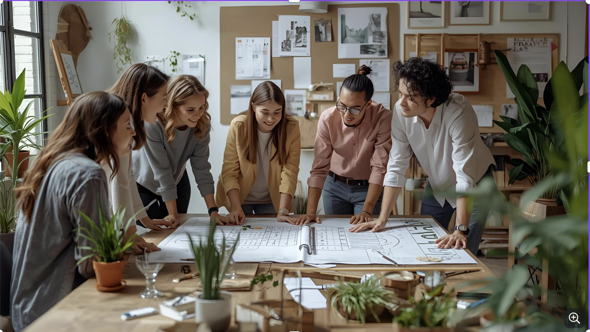 Jeunes professionnels réunis autour d’un projet collaboratif, travaillant dans un espace lumineux et éco-conçu — image symbolisant l’humain et la coopération au cœur des valeurs de Waetwooz Event.